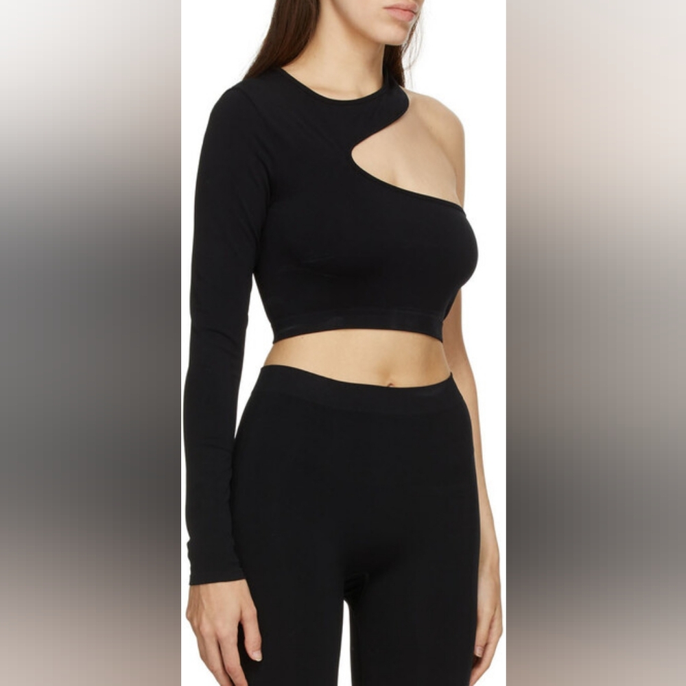 Helmut Lang black cutout asymmetrical long sleeve seamless top